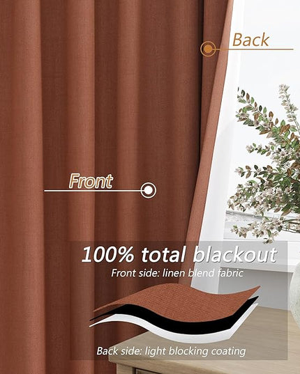 Guken Terracotta Linen Blackout Curtains 120 Inch Length 2 Panels Set Fall Curtains for Living Room Bedroom Back Tab Thermal Insulated 100% Black Out Linen Drapes，52x120