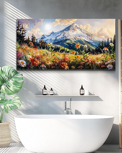 FUHAIHUA Large Framed Wall Decor For Living Room Canvas Wall Art For Office Farmhouse Wall Decorations For Bedroom Mountain Flower Landscape Paintings Modern Pictures Artwork Home Decor 24x48 In