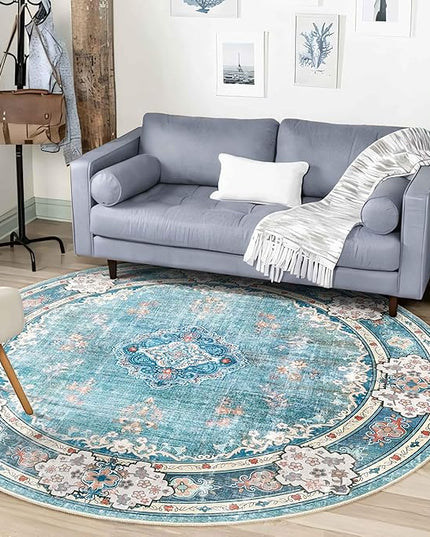 MUJOO Teal Round Rug 6ft,Circle Washable Area Rugs for Bedroom Living Room Bathroom,Boho Large Non Slip Circular Carpet,Floral