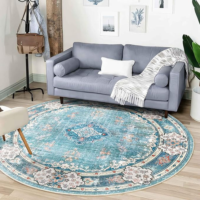 MUJOO Teal Round Rug 6ft,Circle Washable Area Rugs for Bedroom Living Room Bathroom,Boho Large Non Slip Circular Carpet,Floral