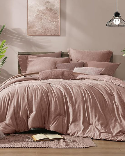 Monbix Full Size Comforter Set-7 Pieces Dusty Pink Cationic Dyeing Bed in a Bag Full Bedding Sets with Comforter, Sheets, Pillowcases & Shams, All Season Reversible Bedding Comforters