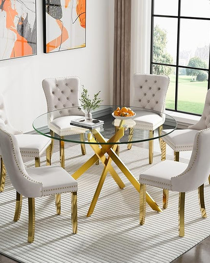 Round Glass Dining Table Set for 6, 47'' Clear Circular Kitchen Table and Chairs Set, 7PCS Modern Circle Dining Room Table Set with 6 Velvet Dining Chair for Home
