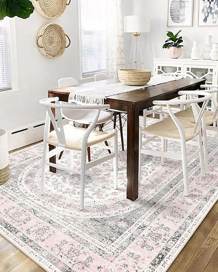 5x7 Area Rugs Washable,Pink Rug for Bedroom Living Room Kitchen,Large Boho Vintage Bohemian Distressed Farmhouse Carpet Non Slip,Grey Blush Floral