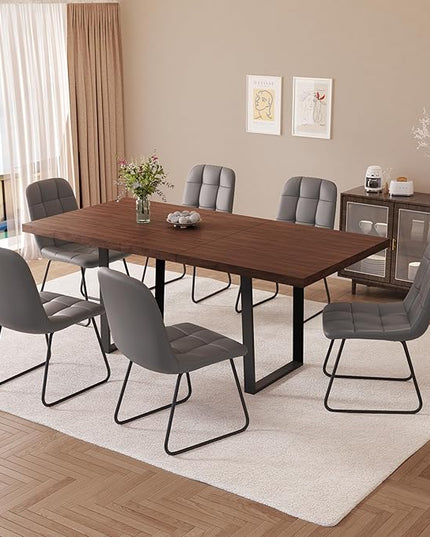 ZckyCine 67" Expandable Walnut Dining Table with 6 PU Leather Chairs, 7-Piece Modern Dining Set, Sturdy Metal Legs, Adjustable 51"-67" Rectangle Table for Kitchen & Dining Room