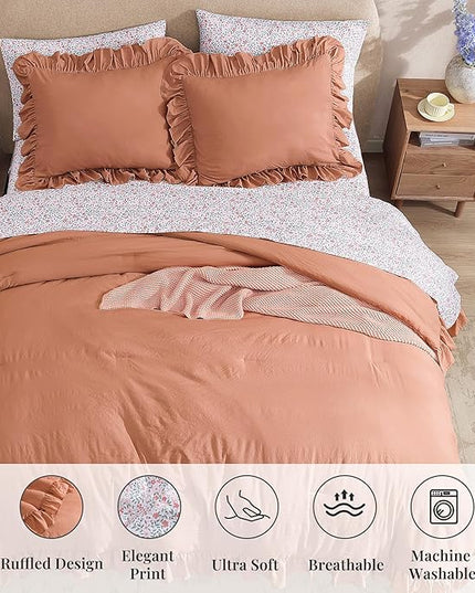 King Comforter Set - 7 Pieces Ruffle Autumn Leaf Bedding Sets, Shabby Chic Farmhouse Bed in a Bag King with Ruffle Comforter, Floral Sheets, Pillowcases & Shams
