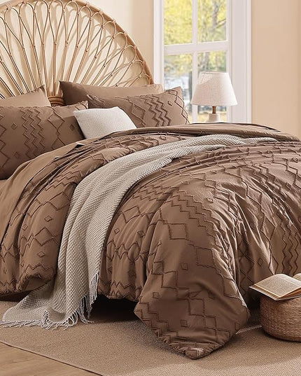 King Size Comforter Set Brown, Tufted Boho Bedding Farmhouse Bed Set, All Season 7 Pieces Bed in a Bag with Sheets, Pillowcases & Shams