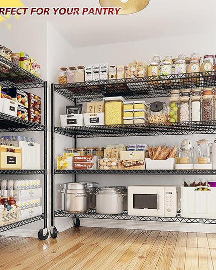 REIBII 75.6" H Storage Shelves Metal Shelving Unit with Wheels 55''W Garage Shelving Heavy Duty Wire Shelves for Storage Rack Adjustable Pantry Shelf Commercial Shelving, 75.6" H X 55.5''W X 24" D