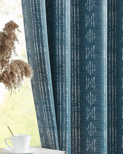jinchan 95% Blackout Boho Curtains 63 Inch Length for Bedroom White on Blue Geometric Printed Grommet Top Room Darkening Thermal Insulated Window Drapes 2 Panels