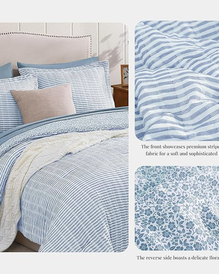 King Comforter Set - 7 Pieces Blue Gauze Muslin Bedding Sets for All Seasons, Lightweight Breathable Bed in a Bag King with Revesible Farmhouse Comforter, Sheets, Pillowcases & Shams