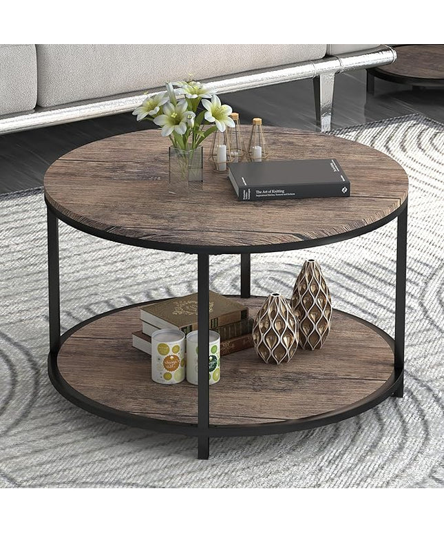 NSdirect Round Coffee Table, 25.6" Small Coffee Table for Living Room,2-Tier Rustic Wood Desktop with Storage Shelf Modern Design Home Furniture(Light Walnut)
