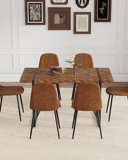 Dinner Table Set for 6, Modern 55'' Wood Dining Table with Fabric Dining Chairs Set of 6,Dining Room Sets for 6,Ideal for Kitchen Dining Room