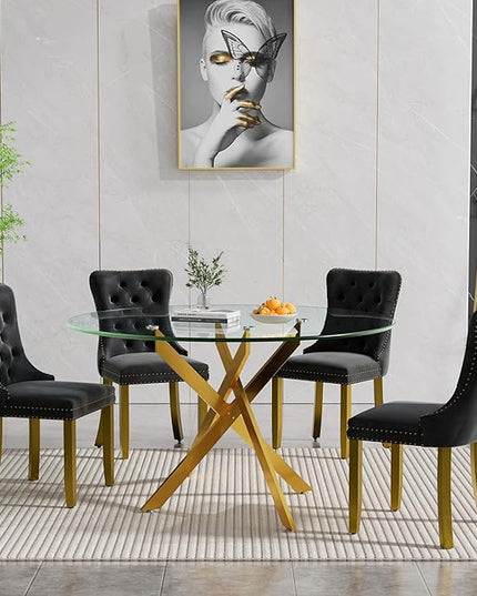 HomVent 5 Piece Round Glass Dining Table Set, Tempered Glass Dinner Table Set for 4 Kitchen Table Set with 4 Velvet Upholstered Chairs for Kitchen Dining Room