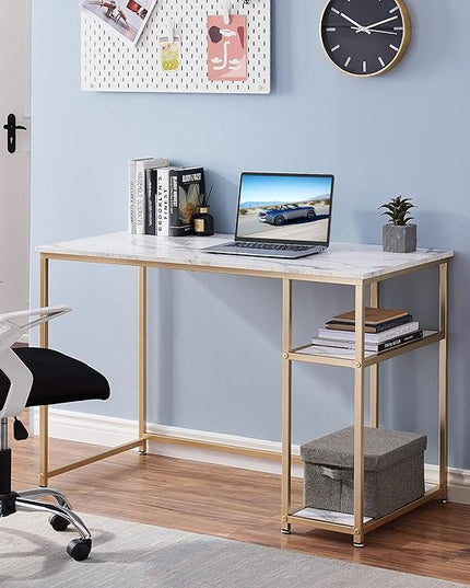 ivinta Computer Desk, Small Home Office Desk with Storage Shelves for Living Room, Bedroom, Office Whale (White and Gold, 44.8")