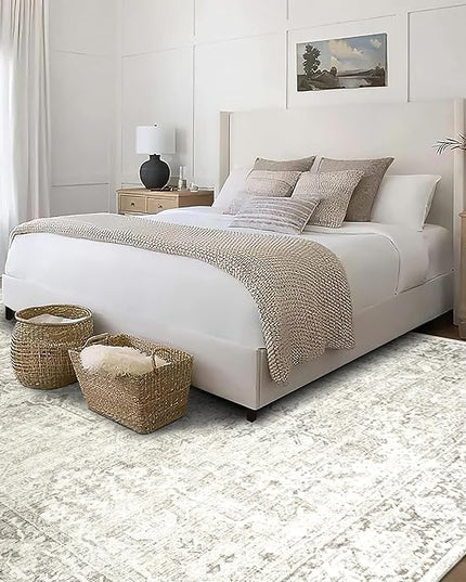 ReaLife Rugs Machine Washable Area Rug - Living Room Bedroom Bathroom Kitchen Entryway Office - Padded Low Pile Stain Resistant Premium - Boho Farmhouse Vintage - Lyle - Beige Ivory 7'6" x 9'6"