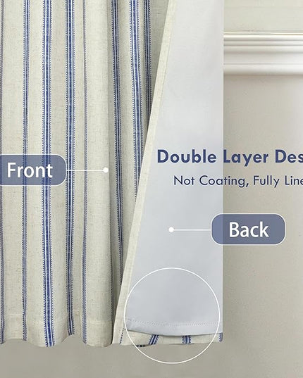 DriftAway Farmhouse Linen Blend Blackout Curtains 72 Inches Long for Bedroom Vertical Striped Printed Linen Curtains Thermal Insulated Lined Treatments for Living Room 2 Panels W52 x L72 Linen Navy