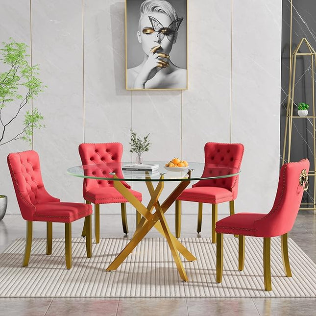 HomVent 5 Piece Round Glass Dining Table Set, Tempered Glass Dinner Table Set for 4 Kitchen Table Set with 4 Velvet Upholstered Chairs for Kitchen Dining Room