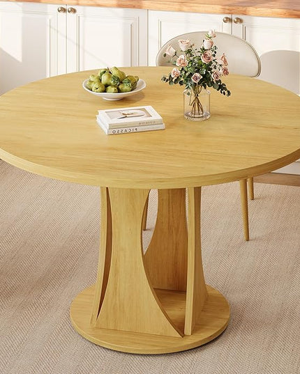 Round Dining Table for 4-6, Kitchen Table with Sturdy Double Arc & Rounded Base & Backboard Clasp Desktop, Mid-Century Modern Circle Dinner Table for Dining Living Room, Space Saving, Natrual