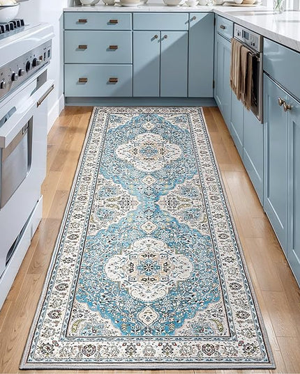 Ciicool Washable Runner Rug Non Slip, 2'x6' Blue Hallway Rug Vintage Kitchen Rugs Carpet for Bedroom Laundry Bathroom Decor