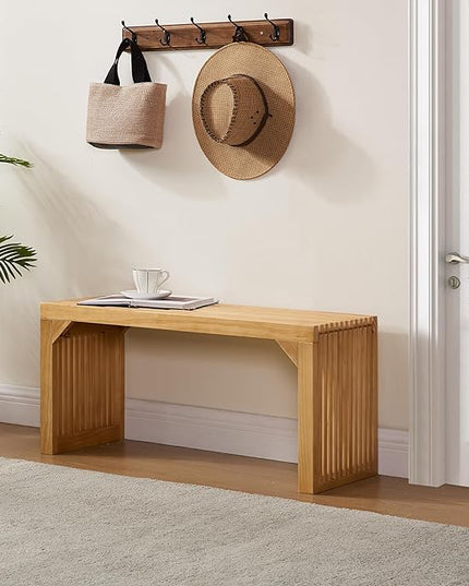 Pine Dining Long Bench and Table Set with Small Tempered Glass - Versatile Indoor Wood Furniture for Entryway, Living Room, Kitchen, and Bedroom Spaces