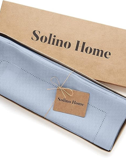 Solino Home Linen Placemats Set of 4 - Classic Hemstitch Sky Blue Placemats 14 x 19 Inch - 100% Pure Linen Table Mats for Christmas, Holiday, New Year