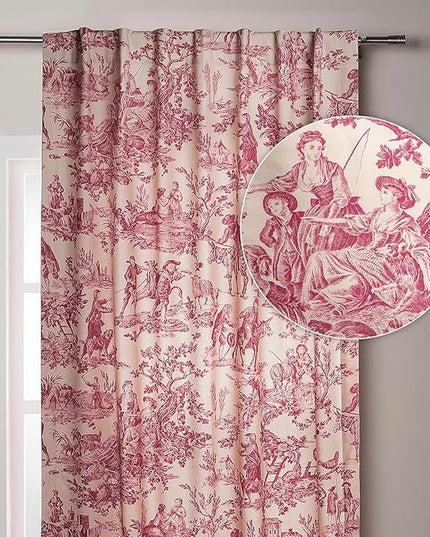 Maison d' Hermine Curtains for Living Room 100% Cotton 124 inch Length One Panel Light Filtering Toile Curtains for Bedroom Windows with Rod and Loop Pockets Drapes (The Miller Red, 50" W x 124" L)