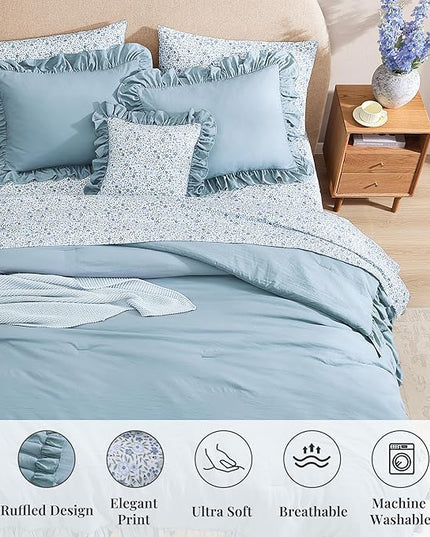 King Comforter Set - 7 Pieces Ruffle Blue Bedding Sets, Shabby Chic Farmhouse Bed in a Bag King with Ruffle Comforter, Floral Sheets, Pillowcases & Shams
