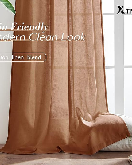 XTMYI Bohemian Rustic Curtains for Living Room Decor 2 Panel Set Linen Cotton Sheer Back Tab Hooks Pleated Fall Curtains for Bedroom Window,Pale Copper Rust Terracotta,96 Inch Long