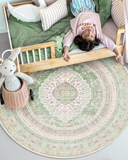 Round Area Rugs 4ft Washable,Green Rug for Living Room Bedroom Dining Room,Large Boho Vintage Bohemian Distressed Oriental Carpet Non Slip,Sage Blush Floral