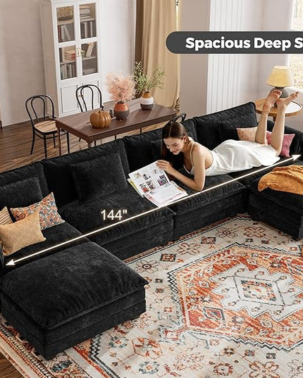 ELUCHANG 150" Modular Sectional Sofa, Comfy Deep Seat Cloud Couch, 6 Seater U Shaped Modern Sofa with Removable Cover for Living Room, Apartment, DIY Combination, Chenille Black