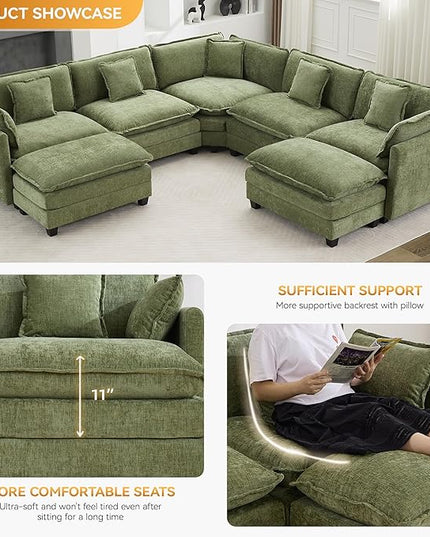137'' V Shaped Cloud Sectional Sofa, Oversized Deep Seat Couches for Living Room, Chenille Comfy Upholstered Modular Sectional Sofa Couch with 2 Movable Ottoman, Green