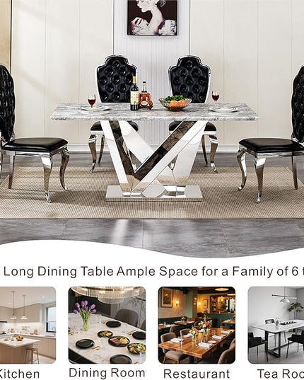 70 Inch Modern Rectangular Dining Table for 6, Faux Marble Top with Mirrored Stainless Steel Base, Large Kitchen Table for Dining Room, Living Room, Office, Conference, (Table Only) (Silver + Grey)