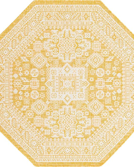 Rugs.com Outdoor Aztec Collection Rug – 8 Ft Octagon Yellow Flatweave Rug Perfect for Living Rooms, Kitchens, Entryways