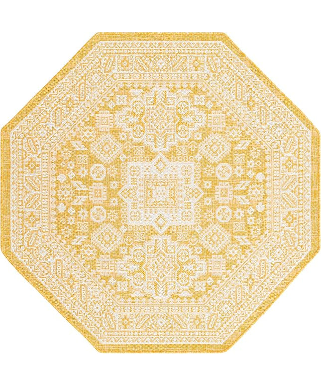 Rugs.com Outdoor Aztec Collection Rug – 5 Ft Octagon Yellow Flatweave Rug Perfect for Living Rooms, Kitchens, Entryways