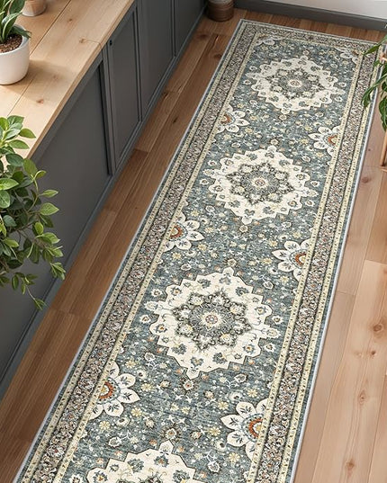 Washable Oriental Hallway Runner Rug - 3x14 Rugs for Living Room Soft Carpet for Bedroom Kitchen Waterproof Floral Distressed Indoor Stain Resistant Non-Shedding Floor Carpets (Blue, 3X14)