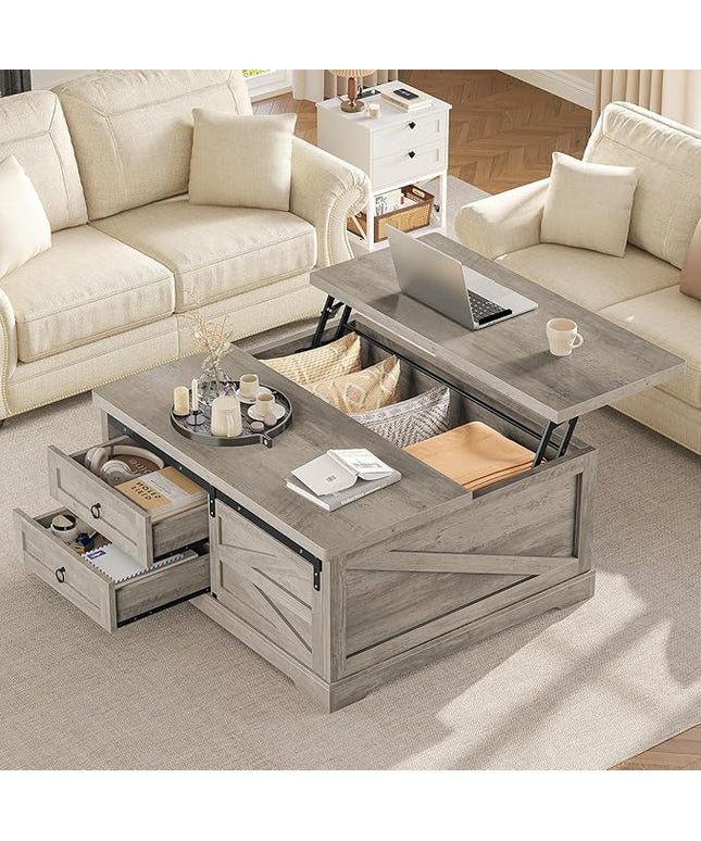 Itaar 39.4'' Lift Top Coffee Table with Storage, Farmhouse Coffee Tables for Living Room, Square Coffee Table with Large Hodden Compartment & 2 Drawrs & Adjustables Shelves (Gray)