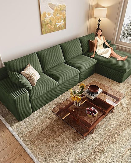 136" Cloud Couch Modular Sectional Sofa for Living Room, L-Shape Boneless Couch with Deep Seat, Modern Corduroy 4-Seater, No Assembly Required (Green,Right-Facing Chaise)