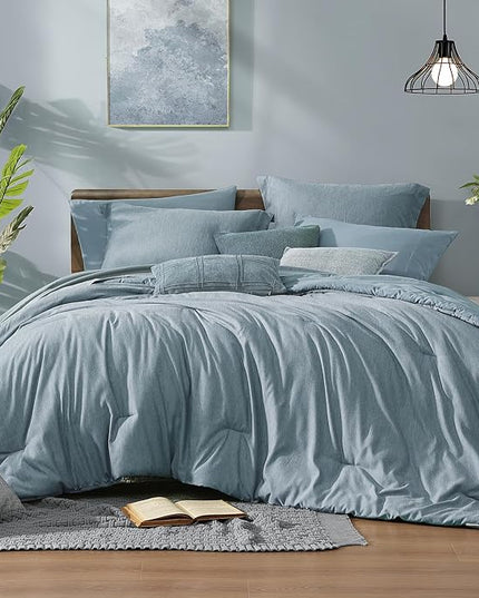 Monbix King Size Comforter Set,7 Pieces Dusty Blue Cationic Dyeing Bed in a Bag King with Comforter, Sheets, Pillowcases & Shams, All Season Reversible Bedding Comforters