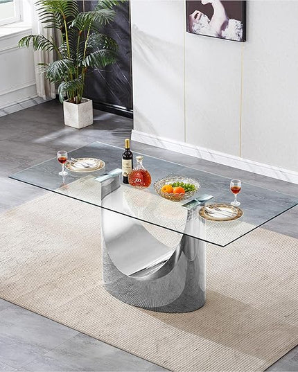 70" Large Glass Dining Table,Modern Rectangular Dining Room Table with 0.39" Tempered Glass Top & Silver Finish Stainless Steel Legs, Modern Clear Kitchen Table for Home Office