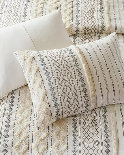 INK+IVY Comforter for Queen Size Bed, Chenille Tufted, Breathable Cotton Comforter Set Queen, All Season Modern Boho Comforter with Farmhouse Bedding Flare, 2 Matching Shams, Queen Ivory 3 Piece