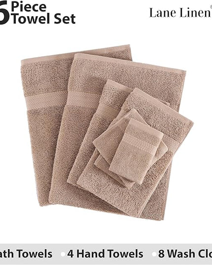 LANE LINEN 100% Mercerized Cotton Bathroom Towel Set - 16 Pieces - Fluffy, Super Soft & Highly Absorbent - 4 Bath Towels, 8 Washcloths, 4 Hand Towels - Ring Spun, Double Sided Cotton Terry - Taupe