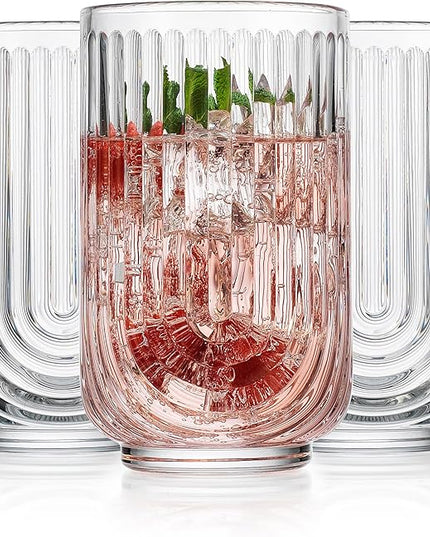 Glaver's Drinking Glasses Set of 8. 17oz Vintage Drinking Cups. Ripple Cocktail Glasses, Ribbed Drinking Highball Glass Cups. Arch Designed Art Deco Glassware for Water Juice Coffee. Package may Vary