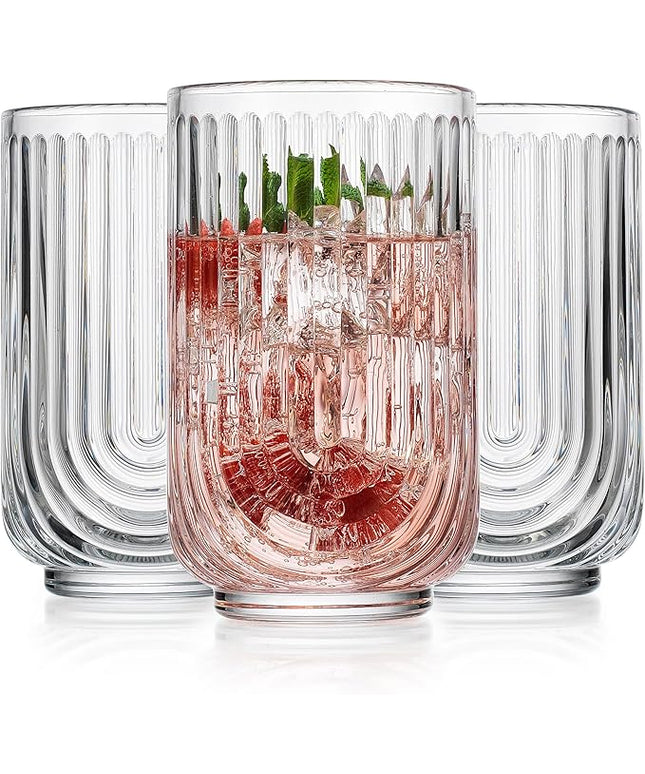 Glaver's Drinking Glasses Set of 8. 17oz Vintage Drinking Cups. Ripple Cocktail Glasses, Ribbed Drinking Highball Glass Cups. Arch Designed Art Deco Glassware for Water Juice Coffee. Package may Vary