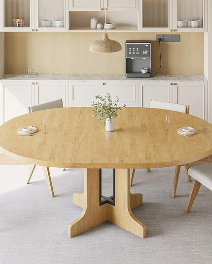 iPormis 59" Round Extendable Dining Table for 4-6, Modern Kitchen Table with Heavy Duty Pedestal Base & Wooden Top, Oval Dining Room Table for Dining Living Room, Easy Assembly, Oak