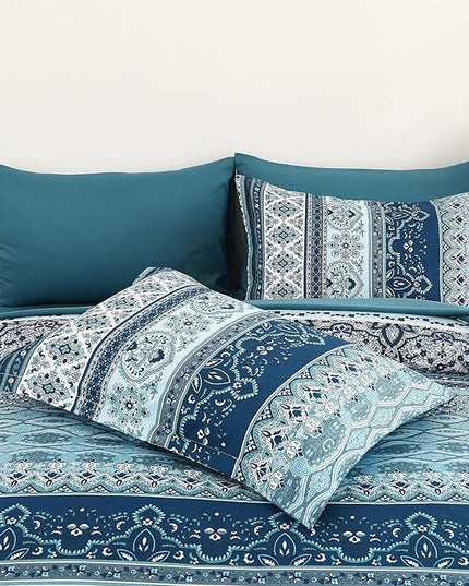 Cottolester Boho Comforter Set California King Size 8 Pieces, Teal Blue Comforter Bohemian Striped Bed in A Bag, Soft Microfiber Bedding Set for All Seasons