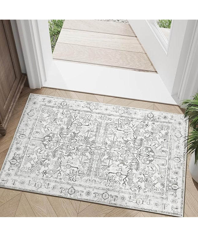 jinchan Lima 2x3 Washable Rug for Entryway - Vintage Floral Ultra-Thin Low Pile Soft Small Non Slip Distressed Indoor Door mat Accent Area Rug for Entrance Kitchen Bathroom Bedroom (2x3ft, Grey)