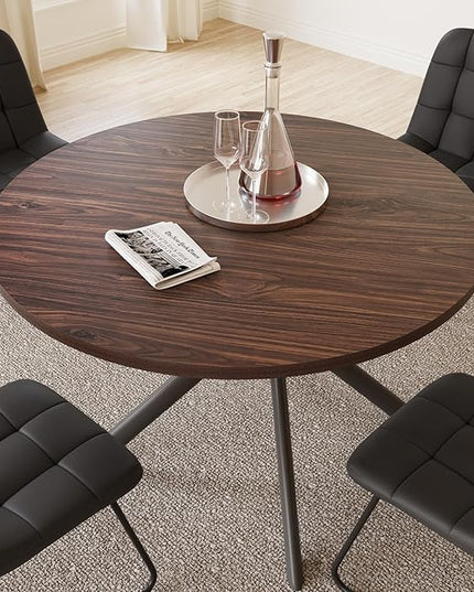 45.3 Inch Round Dining Table Set for 4, Mid Century Modern MDF Coffee Set for Dining Room Kitchen Apartment (Dark Walnut Table + 4 U-Shaped Black Chairs)