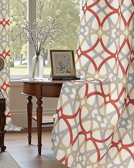 DriftAway Alexander 100% Blackout Curtains for Living Room Linen Blend Pattern Match Thermal Insulated Room Darkening Geo Moroccan Mid Century Back Tab Bedroom Drapes 2 Panels 52 x 96 Inch Linen Red
