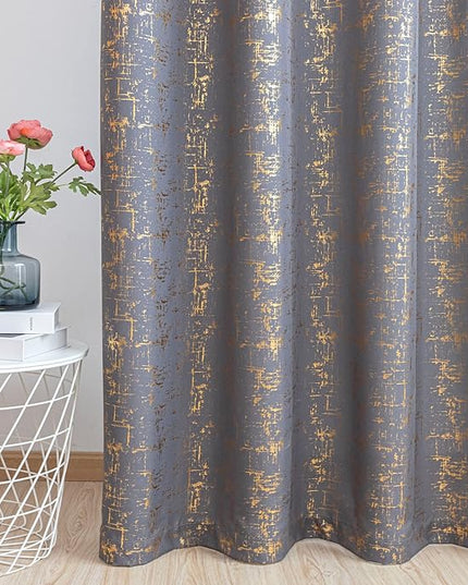 Taisier Home Gold Foil Print Linen Textured Curtains - Geometric Dots Pattern Design for Nursery, Toy Room - Thermal Insulated Window Treatment, 2 Panels, 54" L, Soft Grey and Gold
