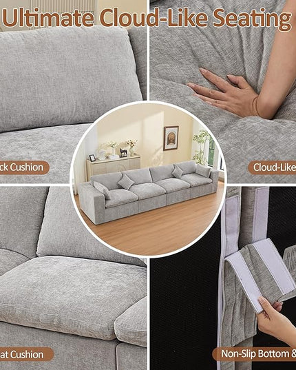 155''Cloud Boneless Sectional Couch, Modular Sectional Sofa Deep Seat, Oversized Upholstered Convertible Comfy 4 Seater Chenille Memory Foam Sofa Couches for Living Room, Light Grey
