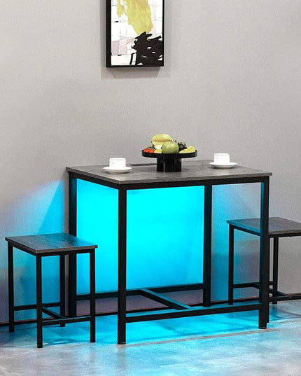 Finnhomy 3-Piece Dining Table Set, Small Kitchen Table with 2 Chairs, LED Light and USB Type-C Power Outlet, Space-Saving Design for Dining Room, Living Room, Apartment, Grey+Black